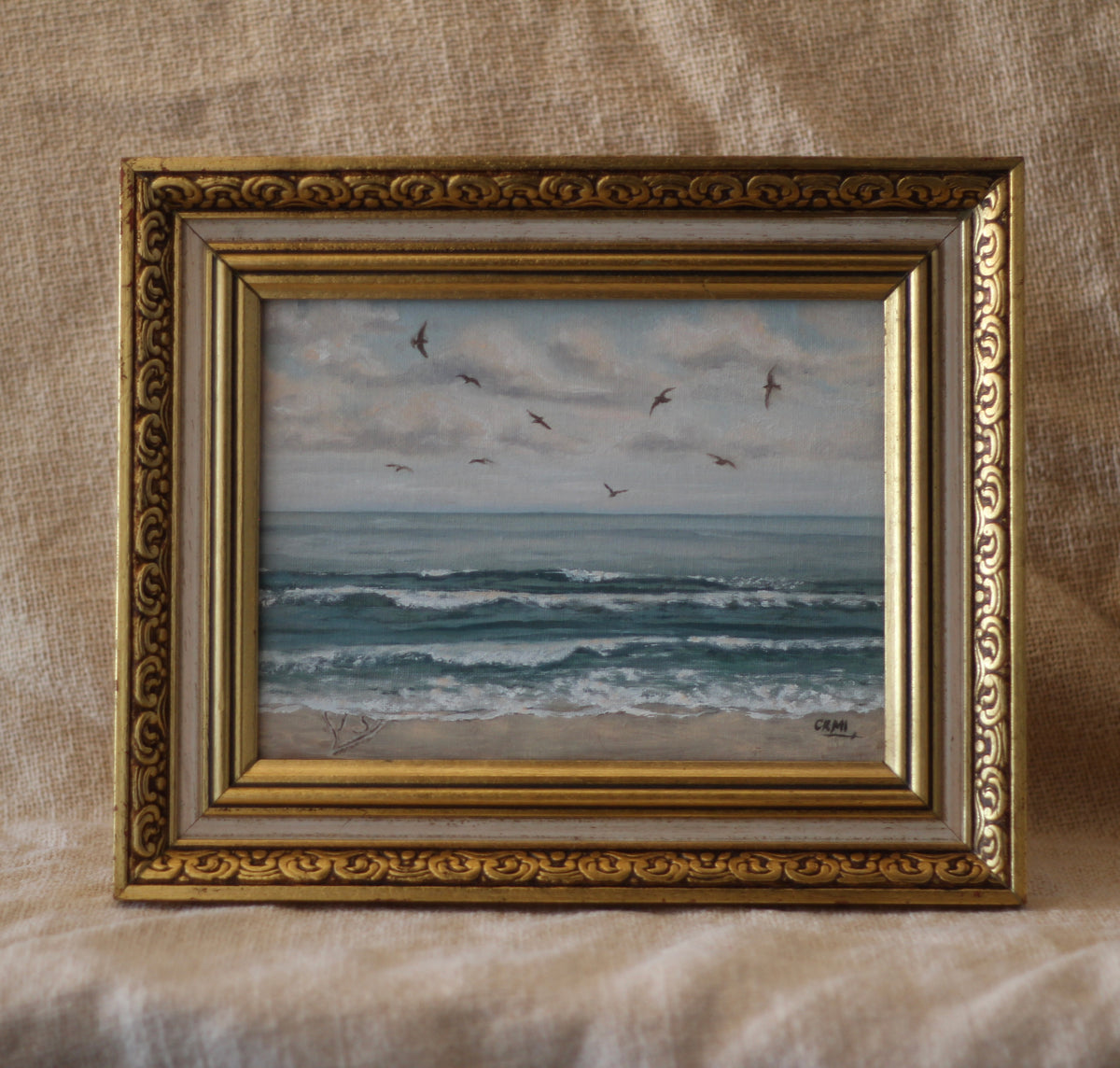 1989 – Waves & Seagulls II | Vintage Wooden Frame · 25 × 31 cm · Original